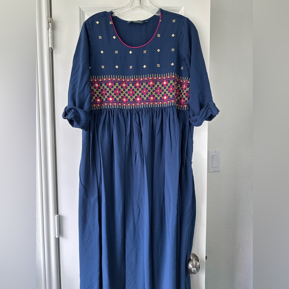Elegant Blue Maxi Dress Pink Floral Embroidery Flowy Ankle Length Special Event - Picture 2 of 8